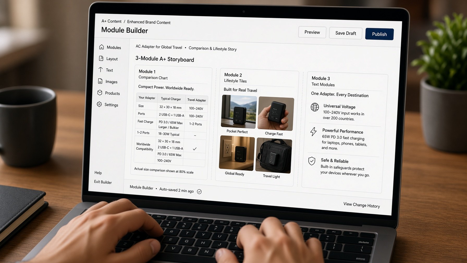 A+ Content module builder on a laptop — comparison chart and text modules AI-generated likeness.