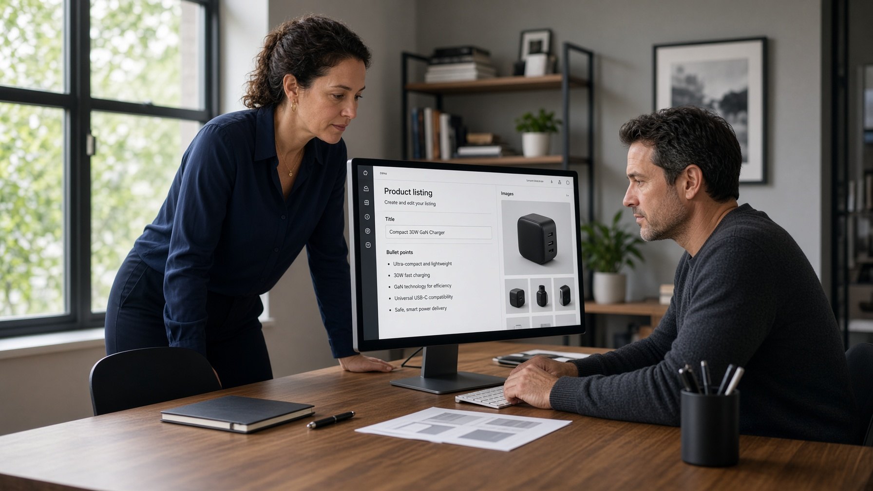 Advisors reviewing a listing on a monitor during a working session AI-generated likeness.