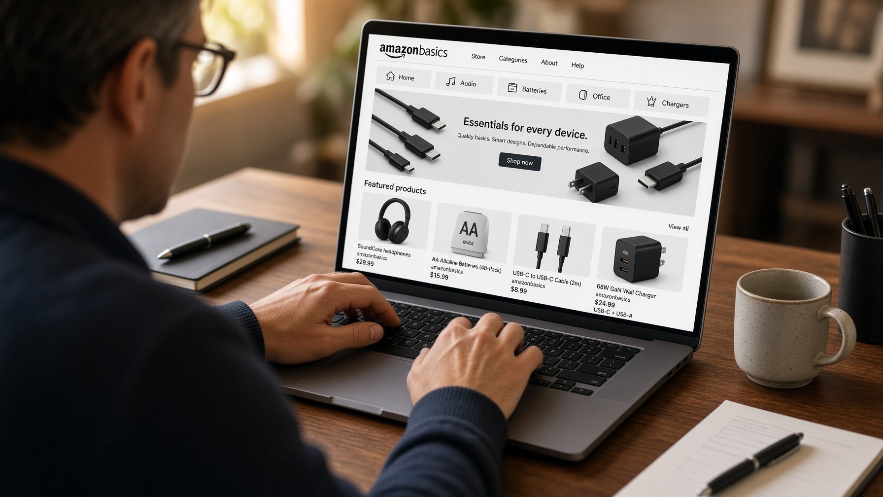 Brand Store preview on a laptop — representative catalog tiles, not a product campaign AI-generated likeness.
